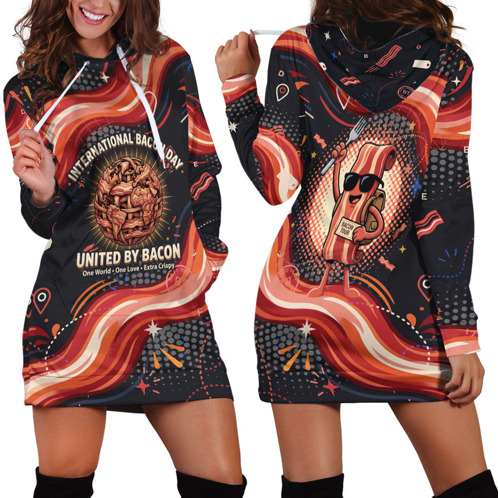 International Bacon Day United By Bacon Hoodie Dress Retro Bacon Globe and Cool Bacon Mascot Graphic