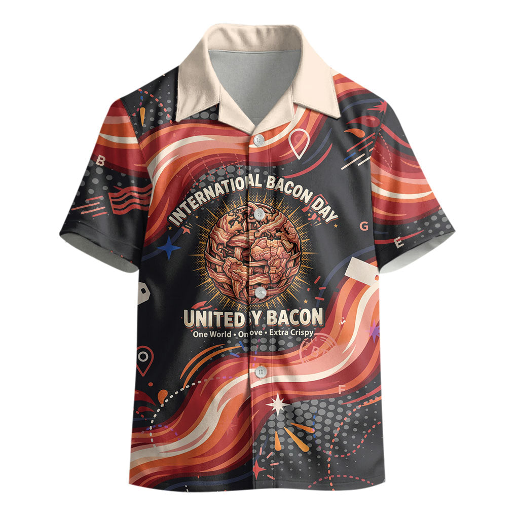 International Bacon Day United By Bacon Kid Hawaiian Shirt Retro Bacon Globe and Cool Bacon Mascot Graphic