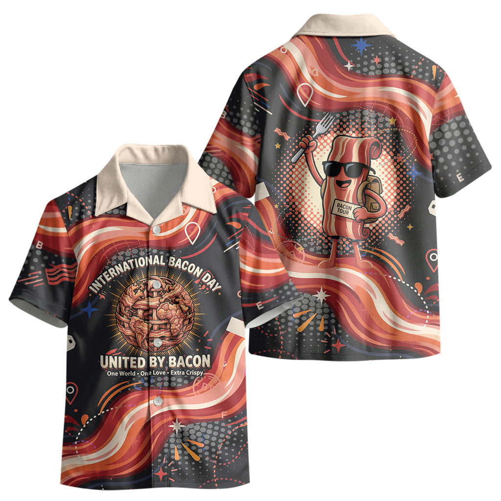 International Bacon Day United By Bacon Kid Hawaiian Shirt Retro Bacon Globe and Cool Bacon Mascot Graphic