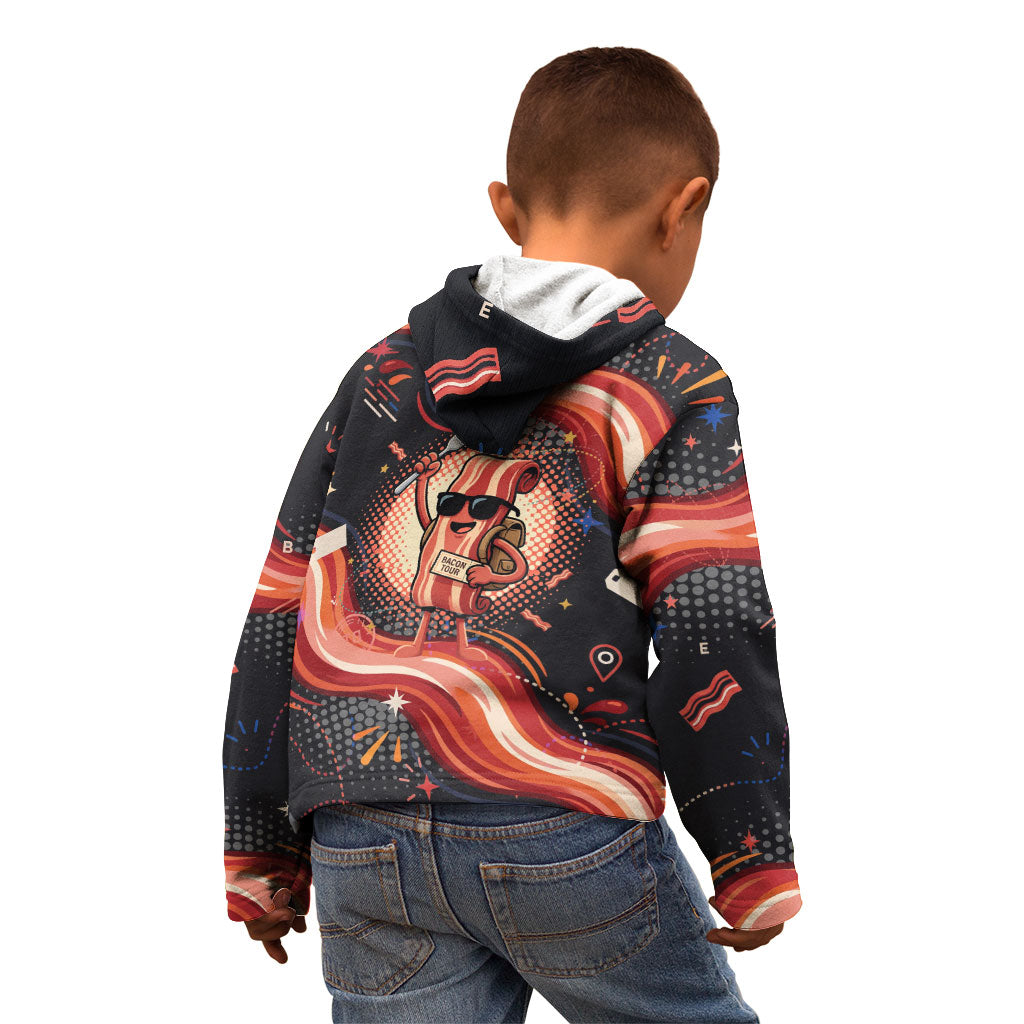 International Bacon Day United By Bacon Kid Hoodie Retro Bacon Globe and Cool Bacon Mascot Graphic