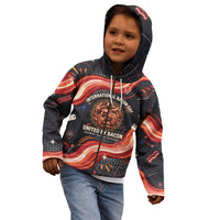 International Bacon Day United By Bacon Kid Hoodie Retro Bacon Globe and Cool Bacon Mascot Graphic