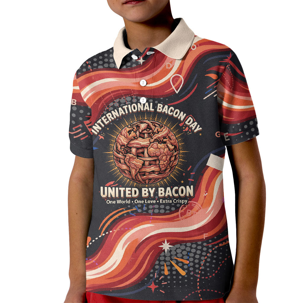 International Bacon Day United By Bacon Kid Polo Shirt Retro Bacon Globe and Cool Bacon Mascot Graphic