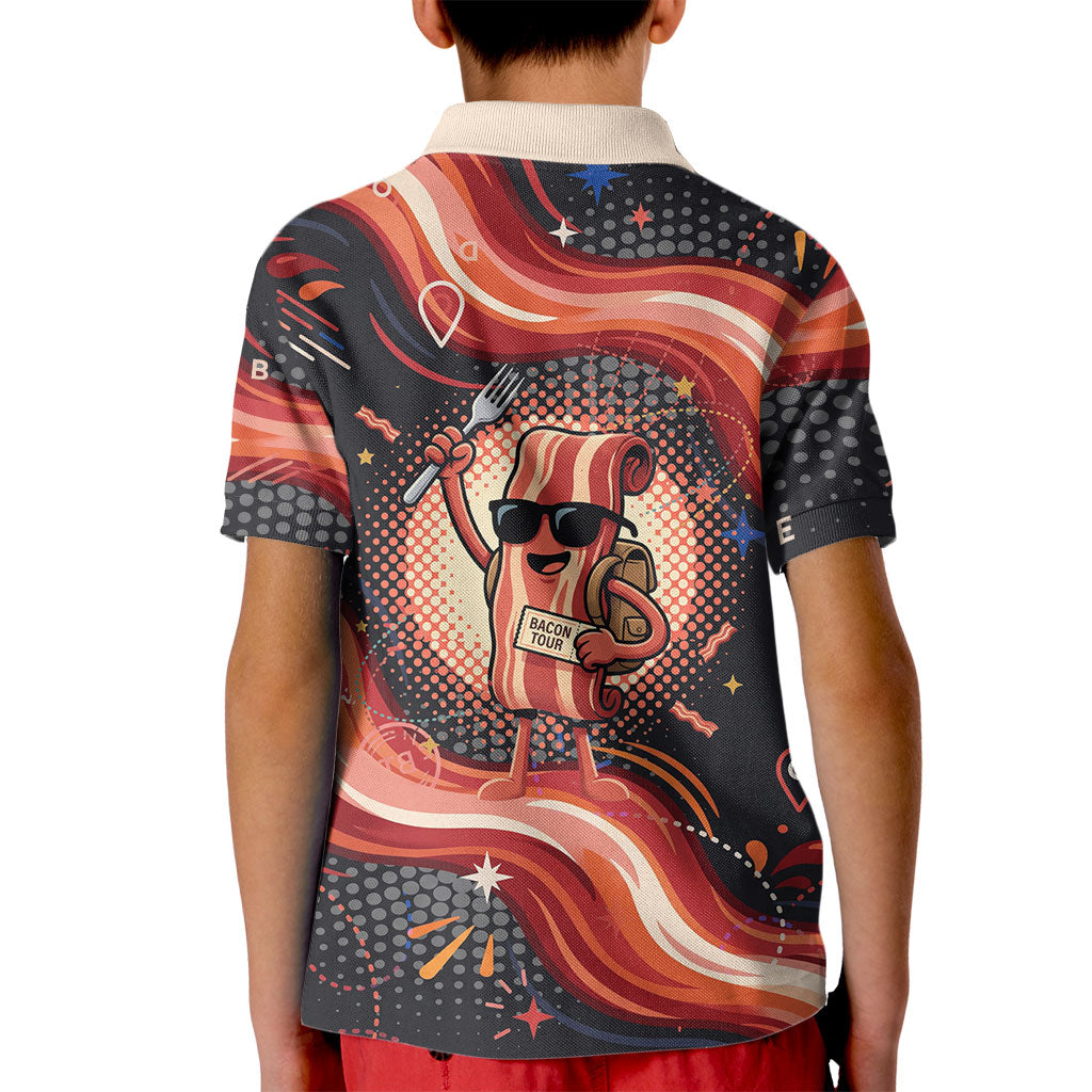 International Bacon Day United By Bacon Kid Polo Shirt Retro Bacon Globe and Cool Bacon Mascot Graphic
