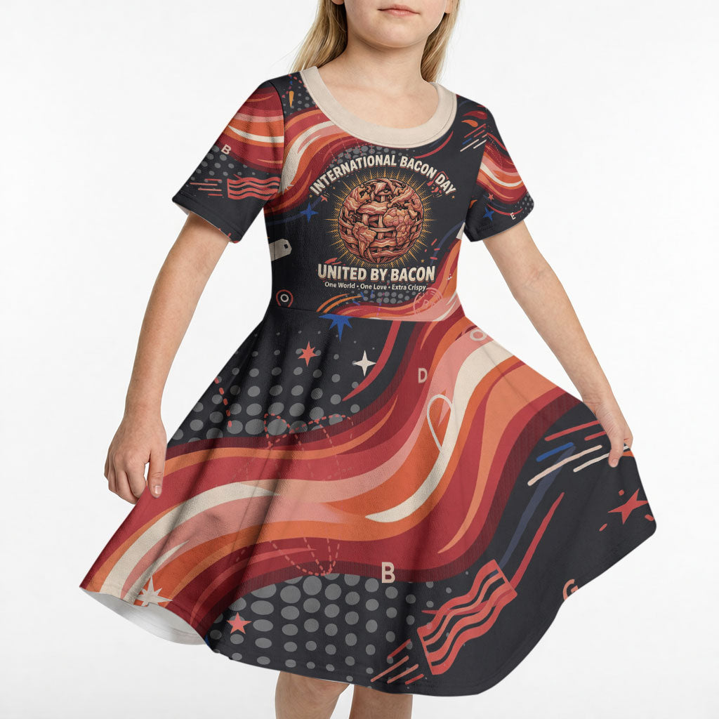 International Bacon Day United By Bacon Kid Short Sleeve Dress Retro Bacon Globe and Cool Bacon Mascot Graphic
