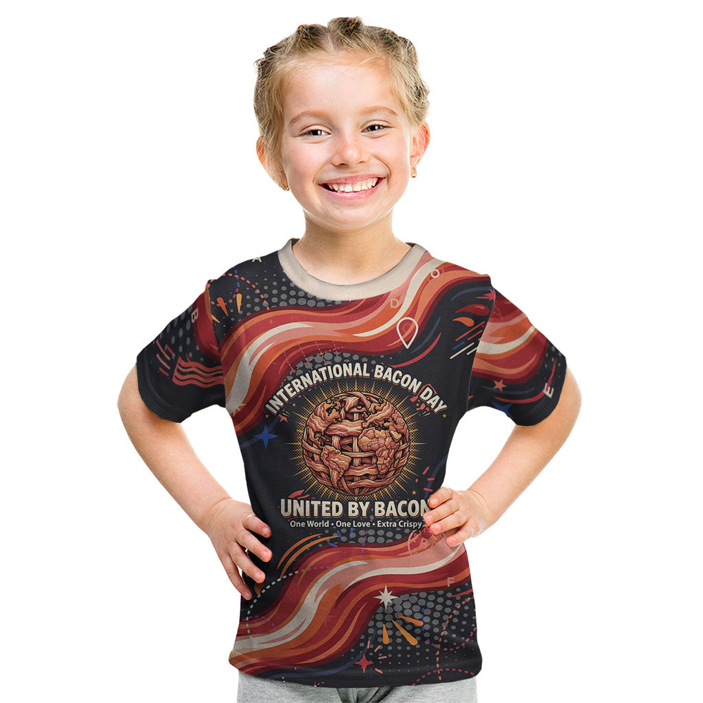 International Bacon Day United By Bacon Kid T Shirt Retro Bacon Globe and Cool Bacon Mascot Graphic