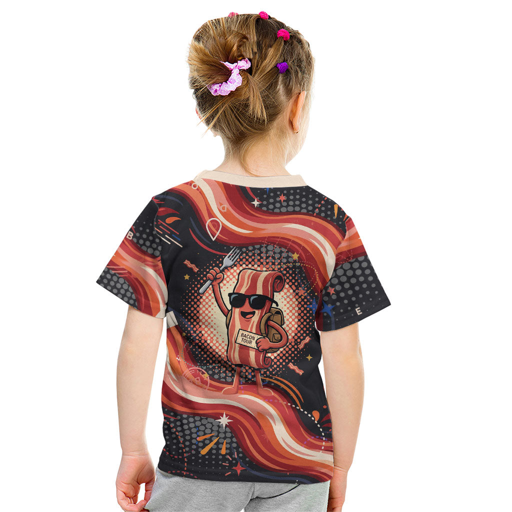 International Bacon Day United By Bacon Kid T Shirt Retro Bacon Globe and Cool Bacon Mascot Graphic