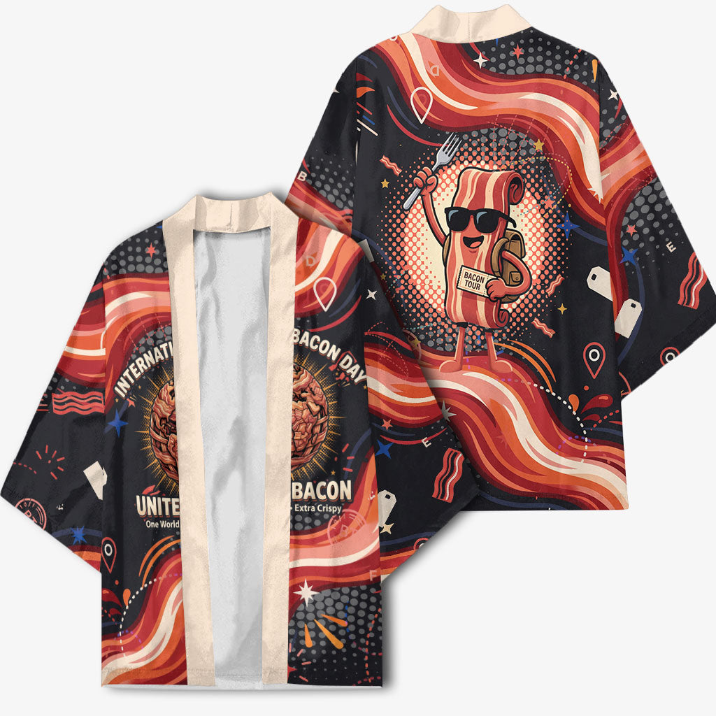 International Bacon Day United By Bacon Kimono Retro Bacon Globe and Cool Bacon Mascot Graphic