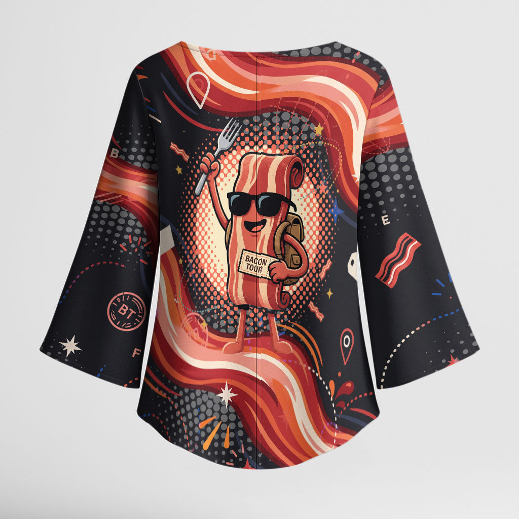 International Bacon Day United By Bacon Kimono Sleeve Blouse Retro Bacon Globe and Cool Bacon Mascot Graphic