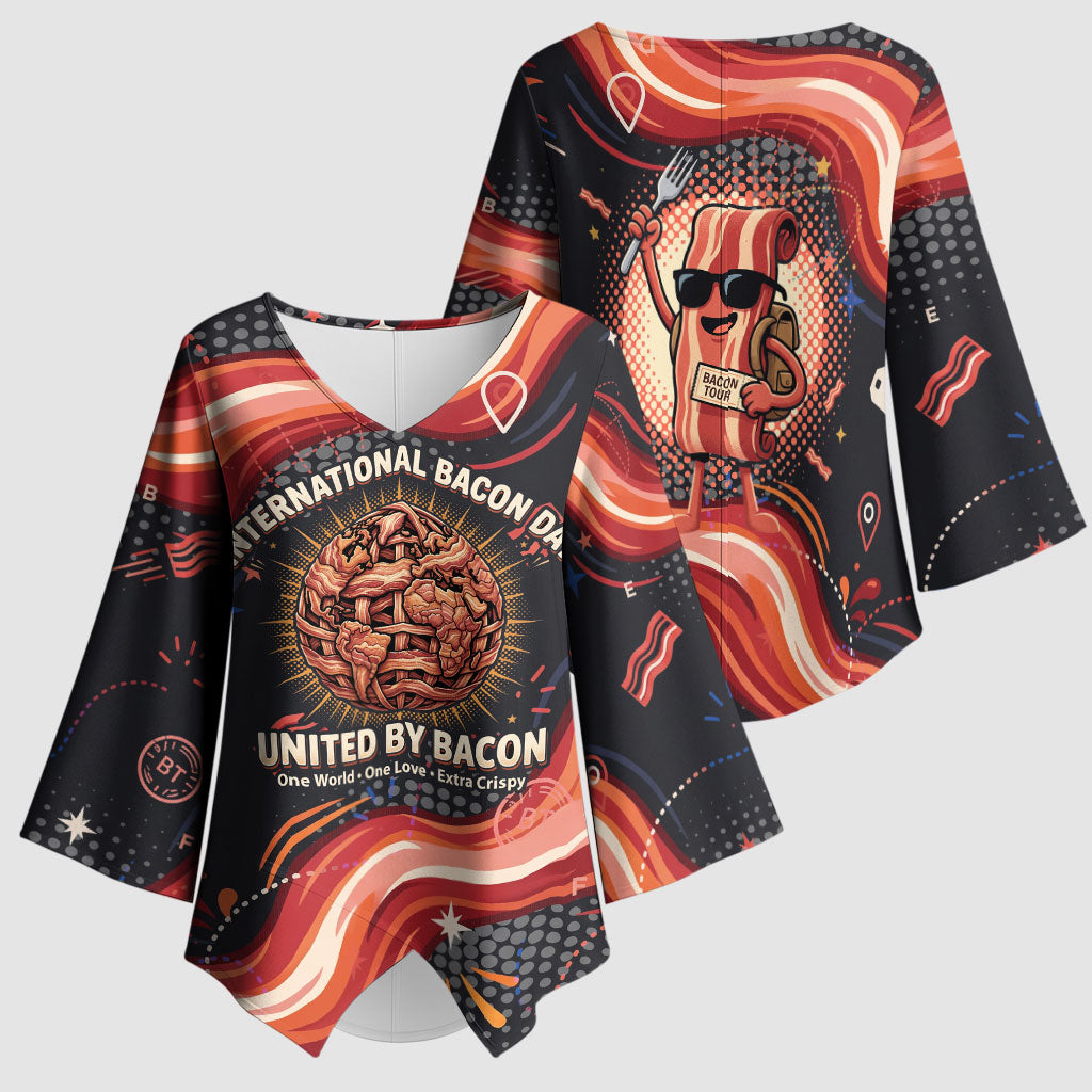 International Bacon Day United By Bacon Kimono Sleeve Blouse Retro Bacon Globe and Cool Bacon Mascot Graphic