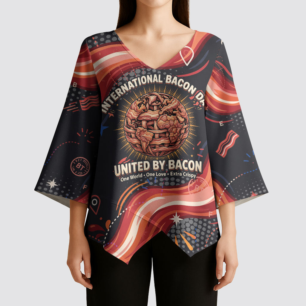 International Bacon Day United By Bacon Kimono Sleeve Blouse Retro Bacon Globe and Cool Bacon Mascot Graphic