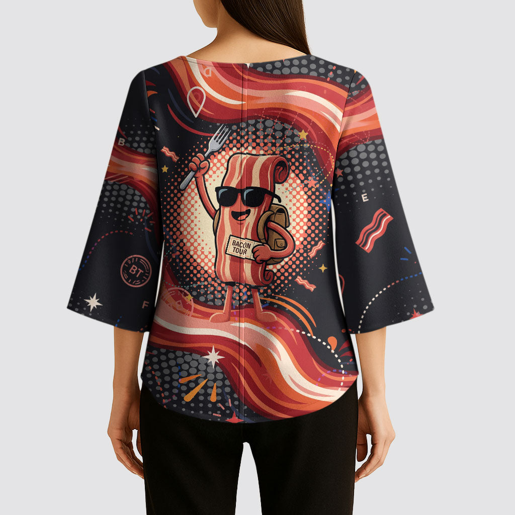 International Bacon Day United By Bacon Kimono Sleeve Blouse Retro Bacon Globe and Cool Bacon Mascot Graphic