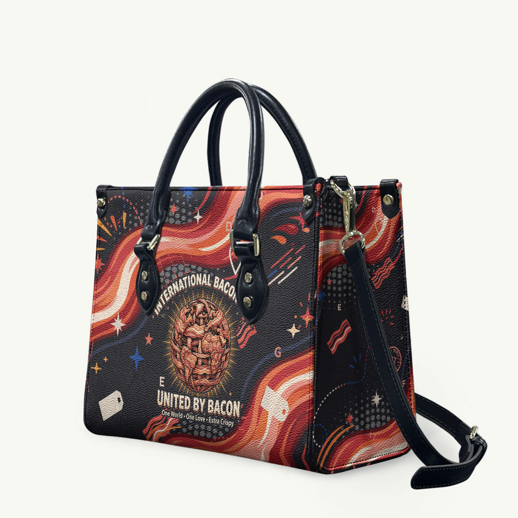 International Bacon Day United By Bacon Leather Bag Retro Bacon Globe and Cool Bacon Mascot Graphic