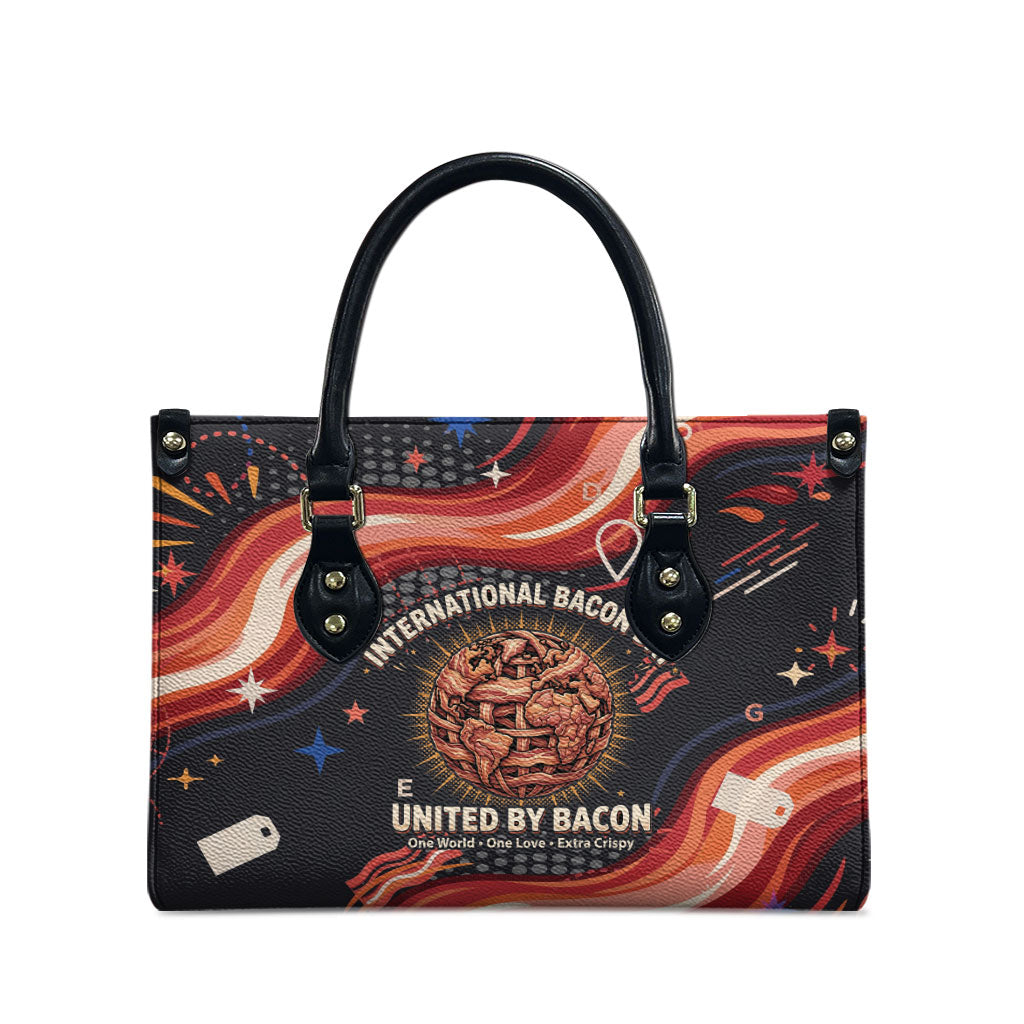 International Bacon Day United By Bacon Leather Bag Retro Bacon Globe and Cool Bacon Mascot Graphic