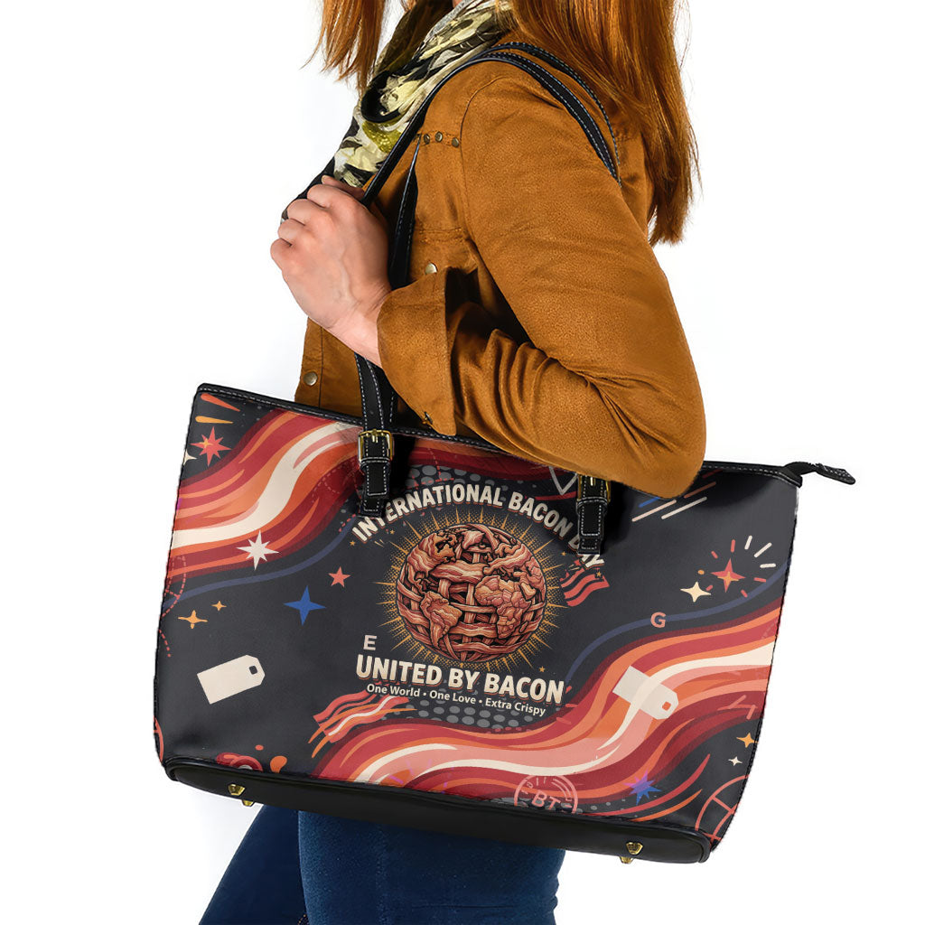 International Bacon Day United By Bacon Leather Tote Bag Retro Bacon Globe and Cool Bacon Mascot Graphic