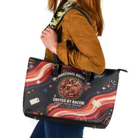 International Bacon Day United By Bacon Leather Tote Bag Retro Bacon Globe and Cool Bacon Mascot Graphic