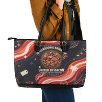 International Bacon Day United By Bacon Leather Tote Bag Retro Bacon Globe and Cool Bacon Mascot Graphic