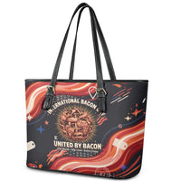 International Bacon Day United By Bacon Leather Tote Bag Retro Bacon Globe and Cool Bacon Mascot Graphic