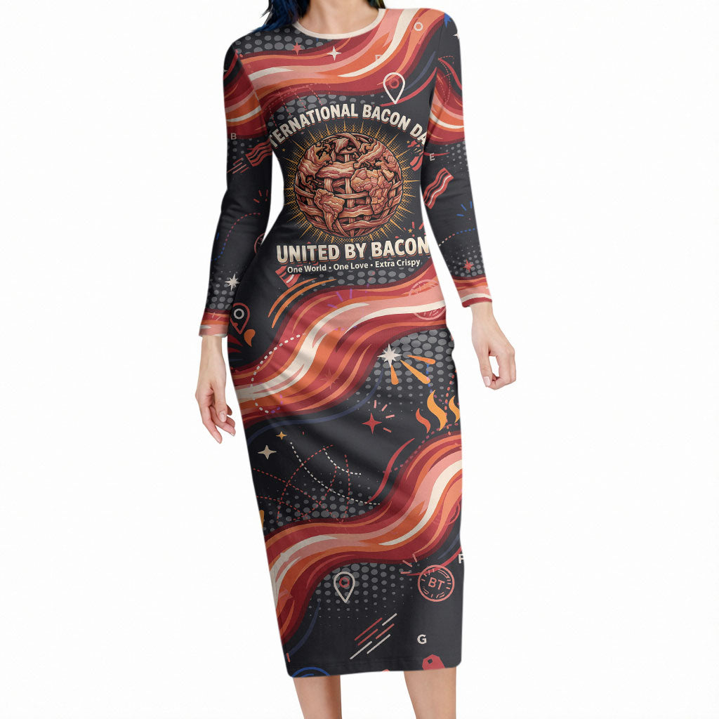 International Bacon Day United By Bacon Long Sleeve Bodycon Dress Retro Bacon Globe and Cool Bacon Mascot Graphic