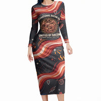 International Bacon Day United By Bacon Long Sleeve Bodycon Dress Retro Bacon Globe and Cool Bacon Mascot Graphic