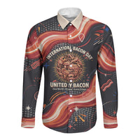 International Bacon Day United By Bacon Long Sleeve Button Shirt Retro Bacon Globe and Cool Bacon Mascot Graphic