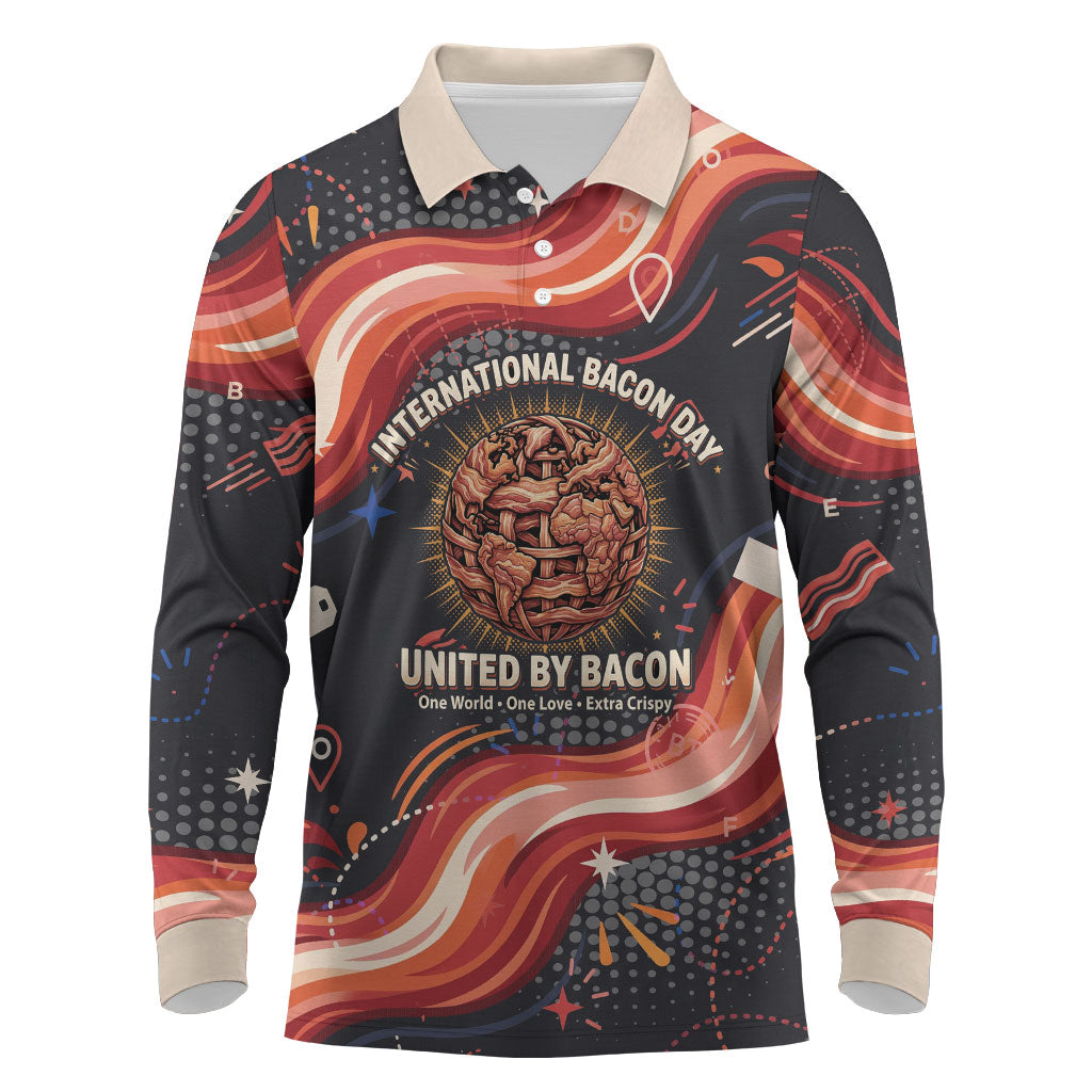 International Bacon Day United By Bacon Long Sleeve Polo Shirt Retro Bacon Globe and Cool Bacon Mascot Graphic