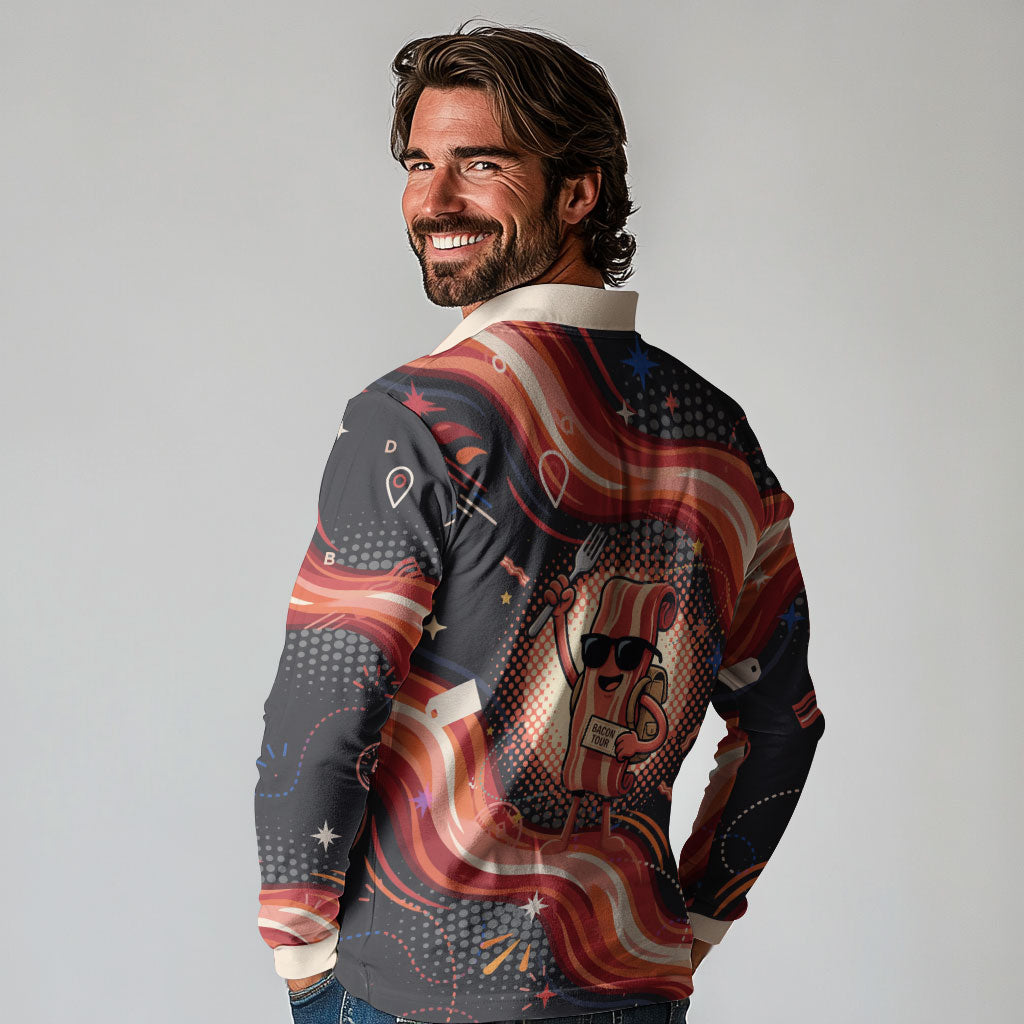 International Bacon Day United By Bacon Long Sleeve Polo Shirt Retro Bacon Globe and Cool Bacon Mascot Graphic