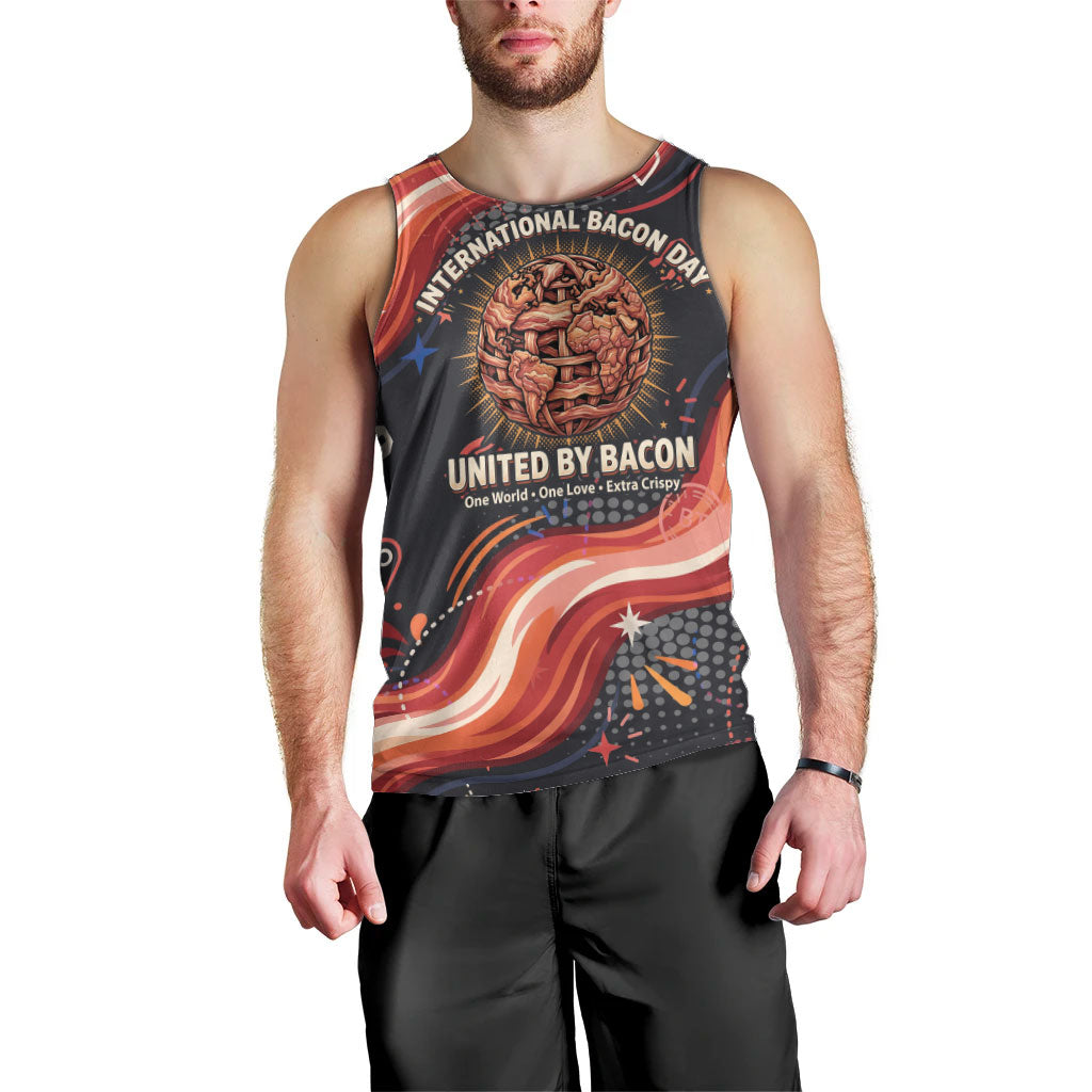 International Bacon Day United By Bacon Men Tank Top Retro Bacon Globe and Cool Bacon Mascot Graphic