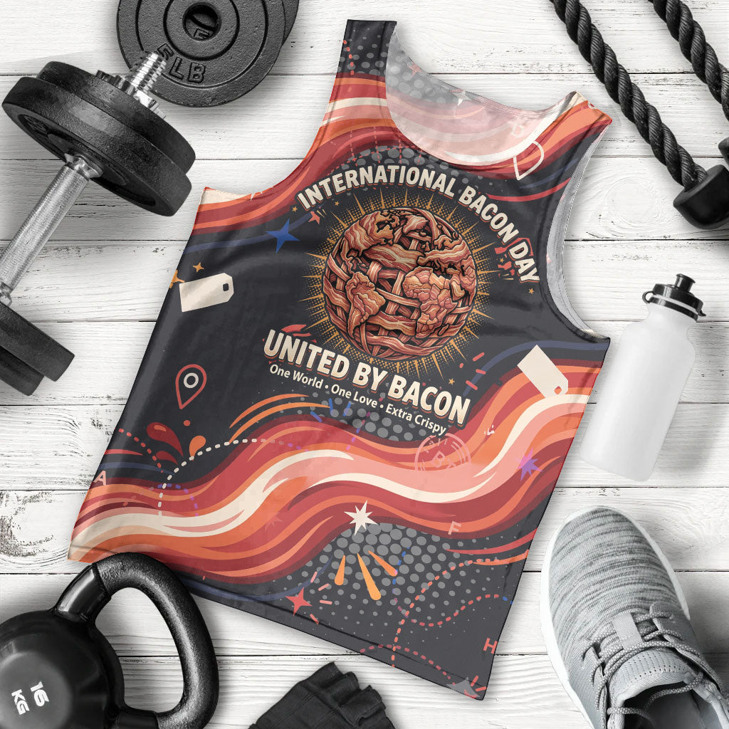 International Bacon Day United By Bacon Men Tank Top Retro Bacon Globe and Cool Bacon Mascot Graphic