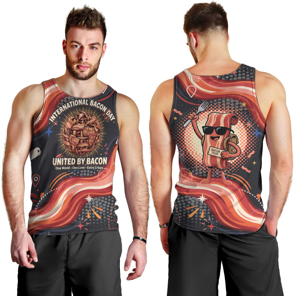 International Bacon Day United By Bacon Men Tank Top Retro Bacon Globe and Cool Bacon Mascot Graphic