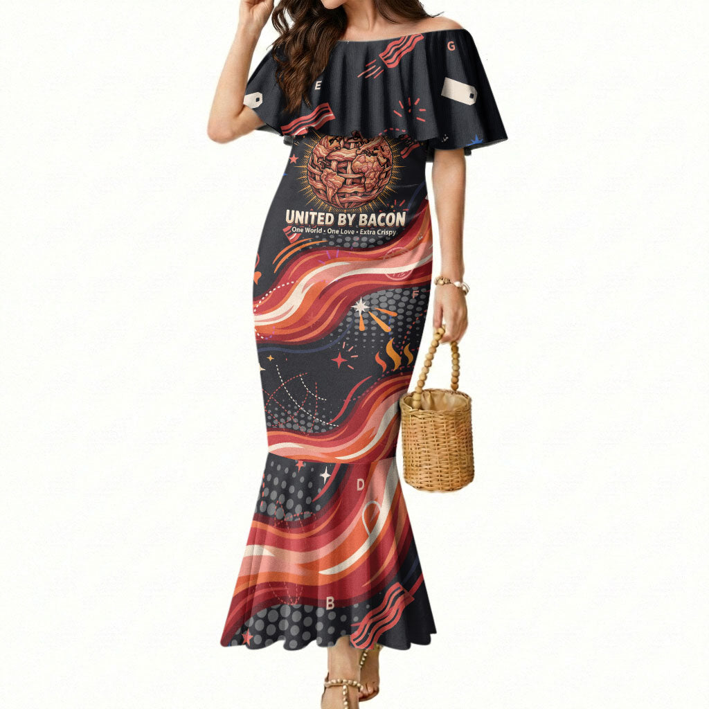 International Bacon Day United By Bacon Mermaid Dress Retro Bacon Globe and Cool Bacon Mascot Graphic