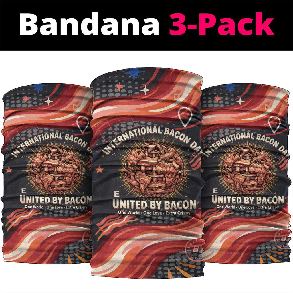 International Bacon Day United By Bacon Neck Gaiter Retro Bacon Globe and Cool Bacon Mascot Graphic