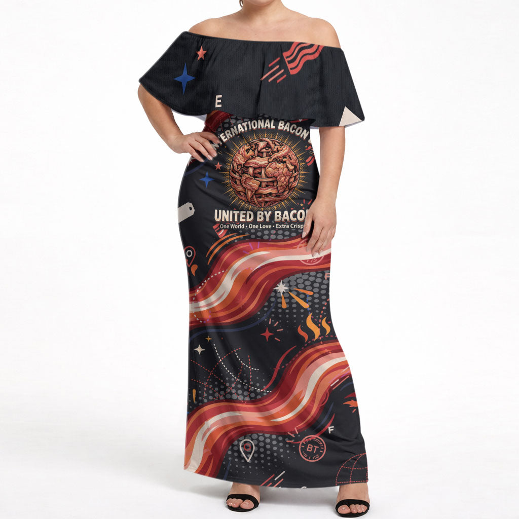 International Bacon Day United By Bacon Off Shoulder Maxi Dress Retro Bacon Globe and Cool Bacon Mascot Graphic