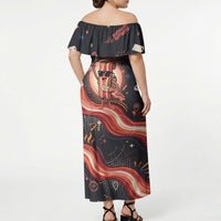 International Bacon Day United By Bacon Off Shoulder Maxi Dress Retro Bacon Globe and Cool Bacon Mascot Graphic