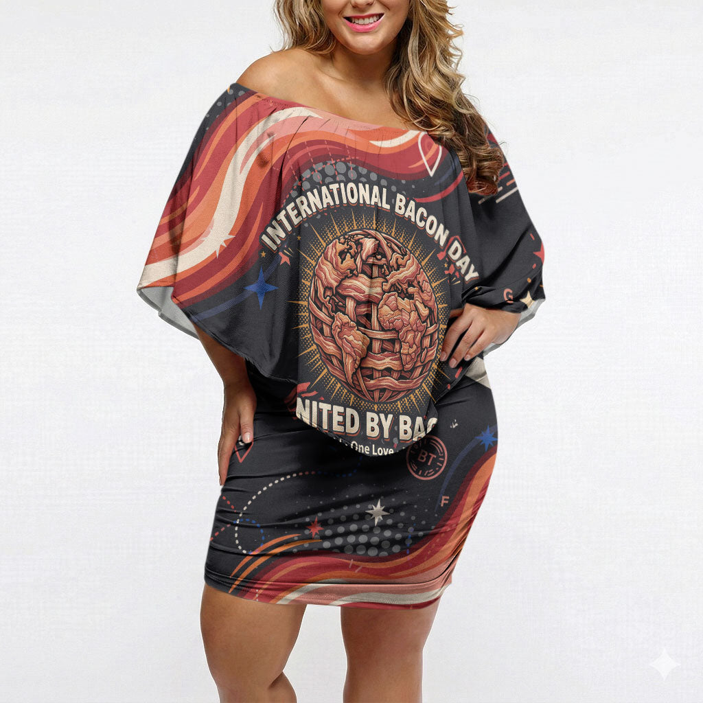 International Bacon Day United By Bacon Off Shoulder Short Dress Retro Bacon Globe and Cool Bacon Mascot Graphic