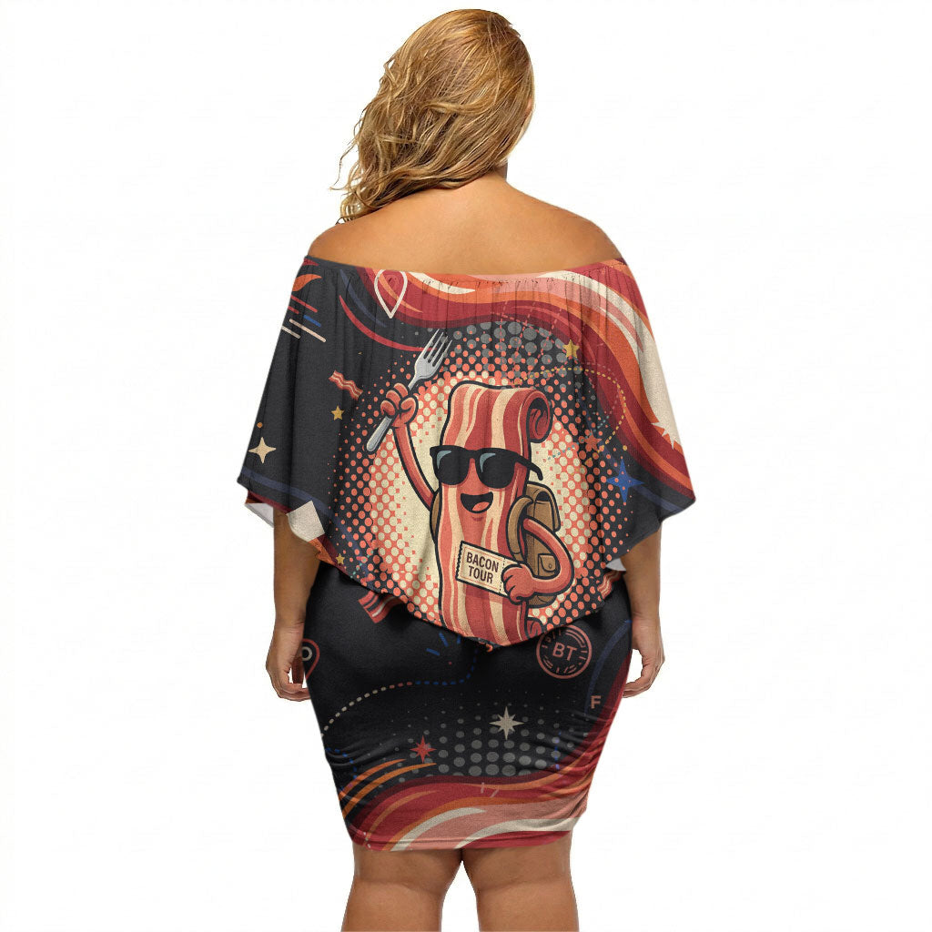 International Bacon Day United By Bacon Off Shoulder Short Dress Retro Bacon Globe and Cool Bacon Mascot Graphic