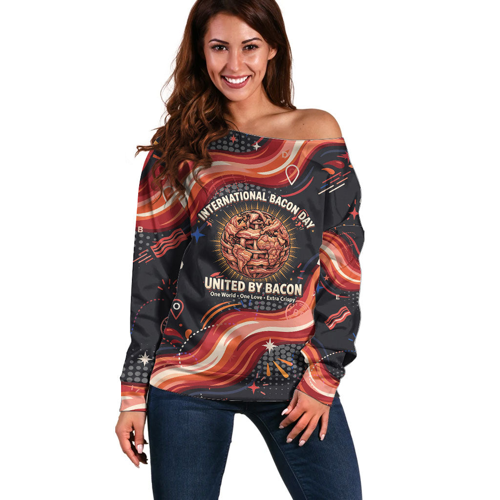 International Bacon Day United By Bacon Off Shoulder Sweater Retro Bacon Globe and Cool Bacon Mascot Graphic