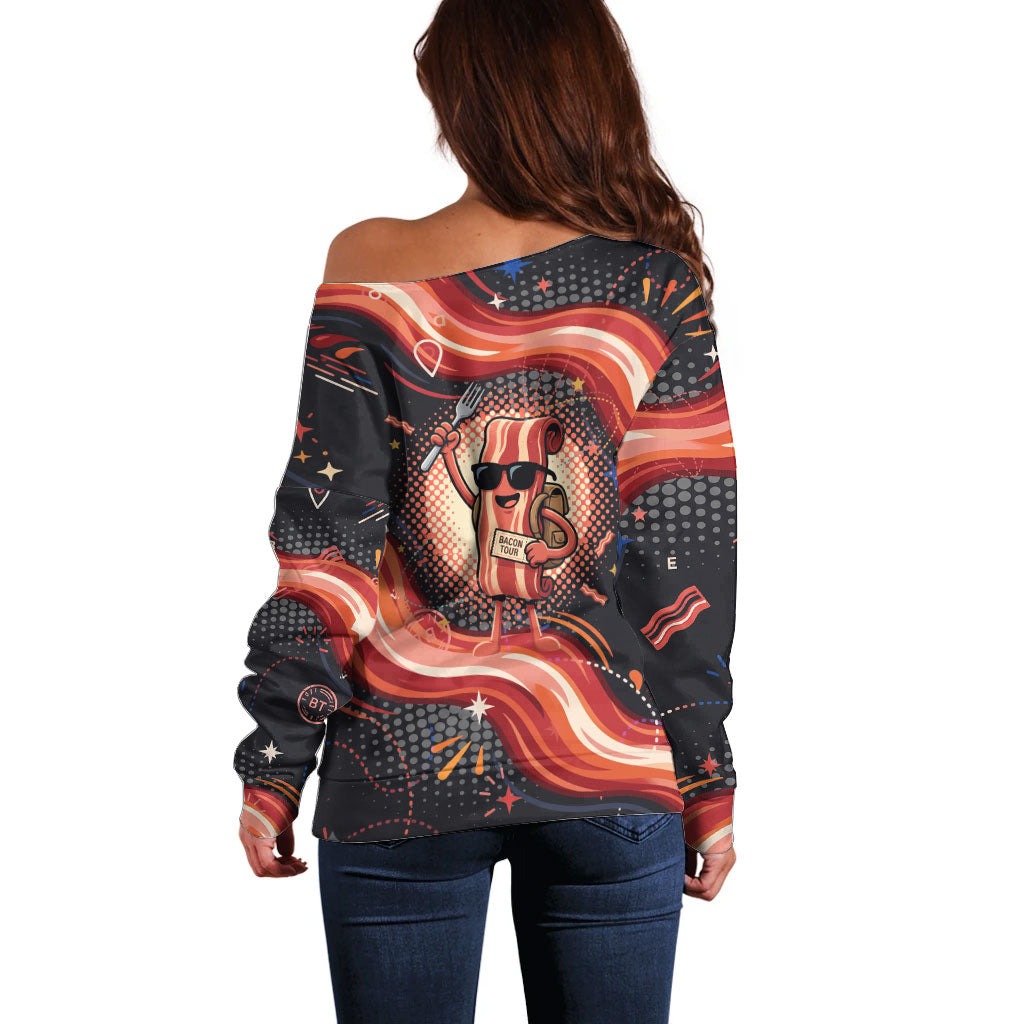 International Bacon Day United By Bacon Off Shoulder Sweater Retro Bacon Globe and Cool Bacon Mascot Graphic
