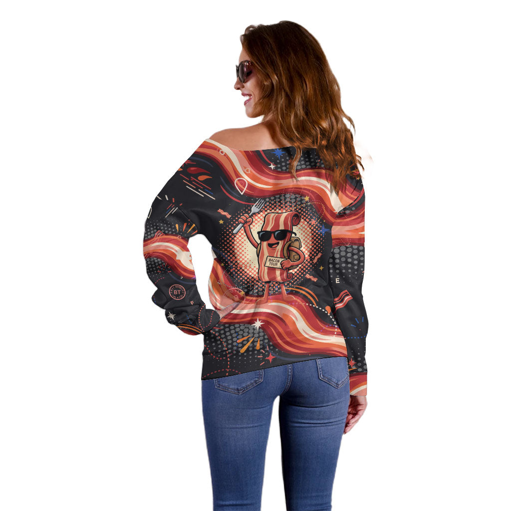 International Bacon Day United By Bacon Off Shoulder Sweater Retro Bacon Globe and Cool Bacon Mascot Graphic