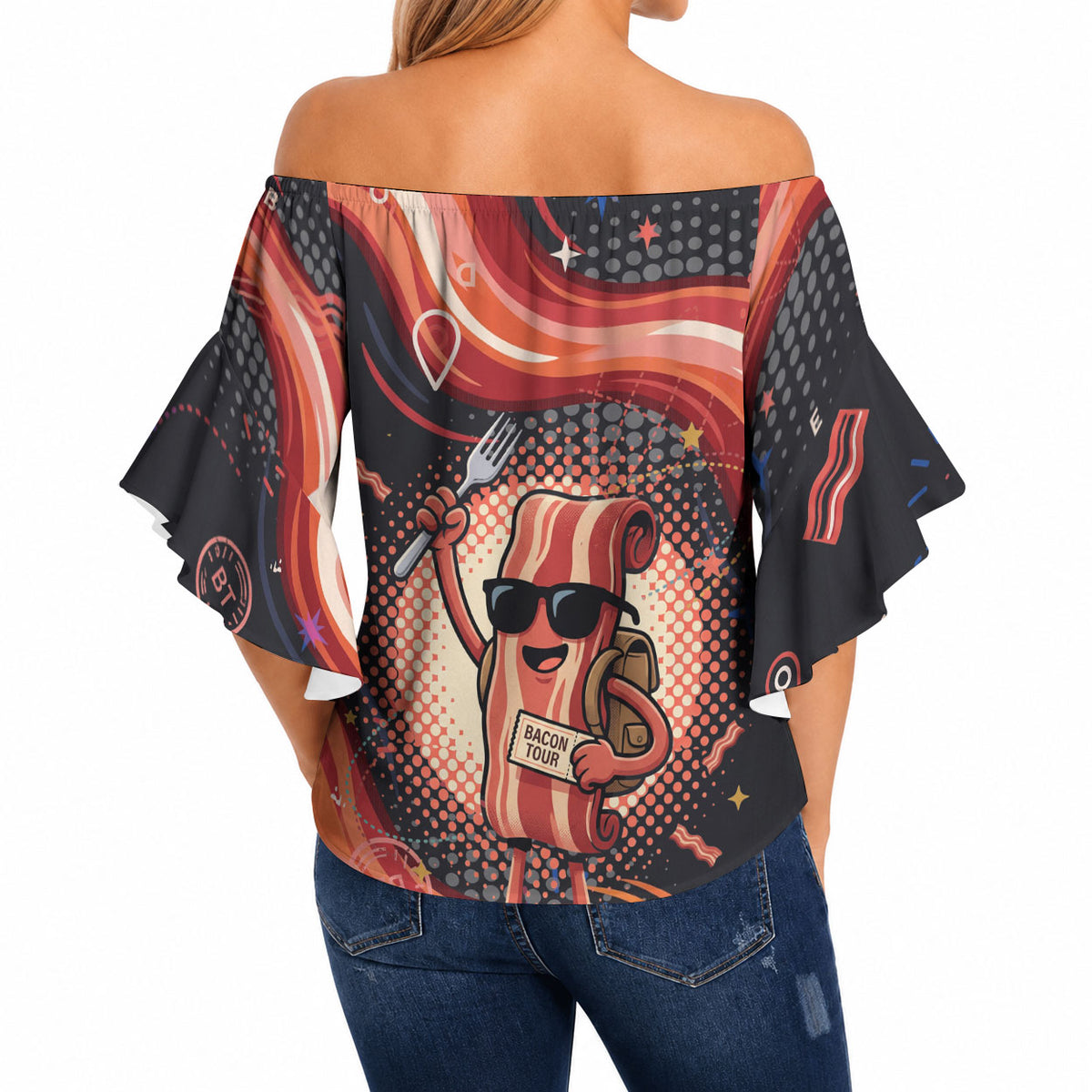 International Bacon Day United By Bacon Off Shoulder Wrap Waist Top Retro Bacon Globe and Cool Bacon Mascot Graphic