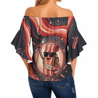 International Bacon Day United By Bacon Off Shoulder Wrap Waist Top Retro Bacon Globe and Cool Bacon Mascot Graphic