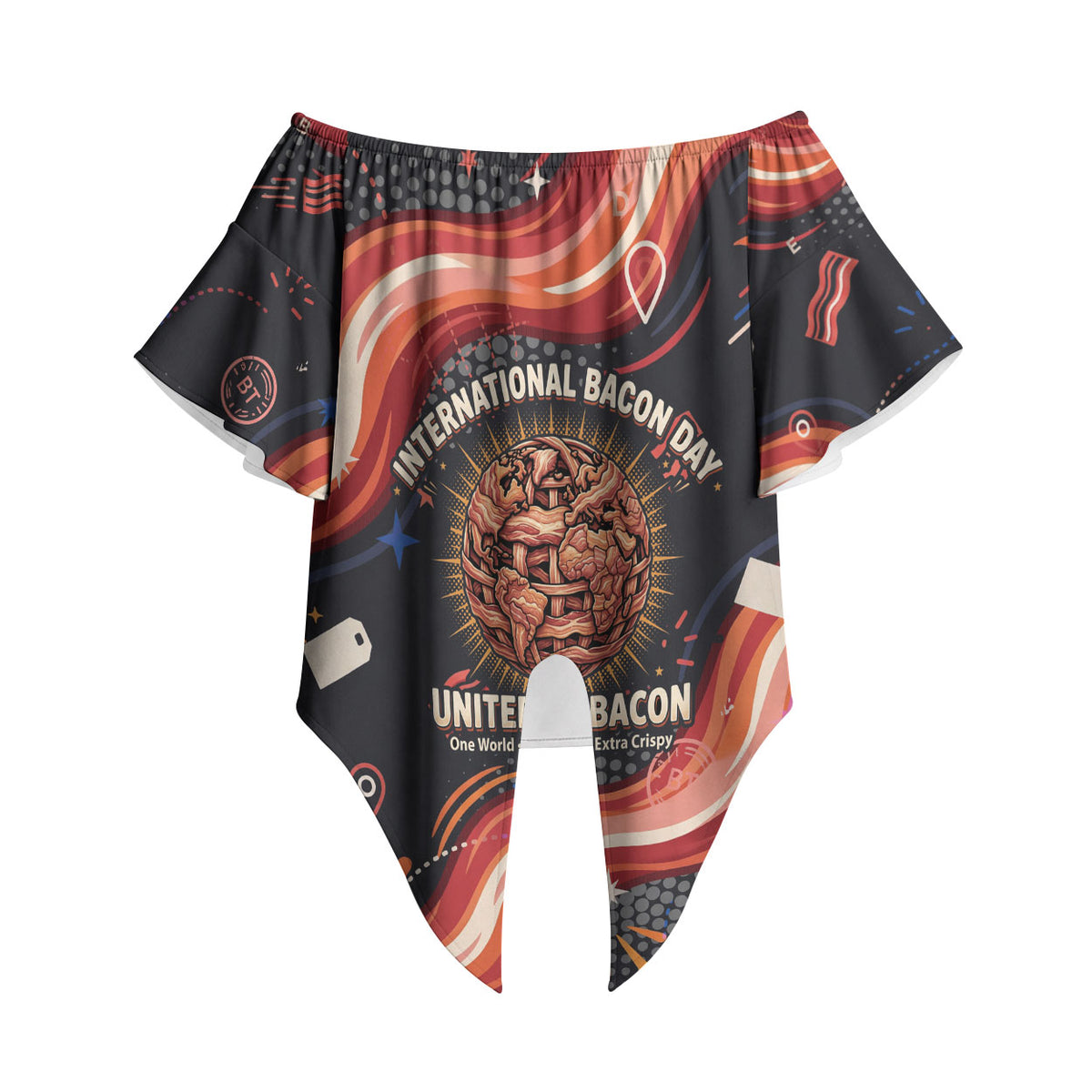 International Bacon Day United By Bacon Off Shoulder Wrap Waist Top Retro Bacon Globe and Cool Bacon Mascot Graphic