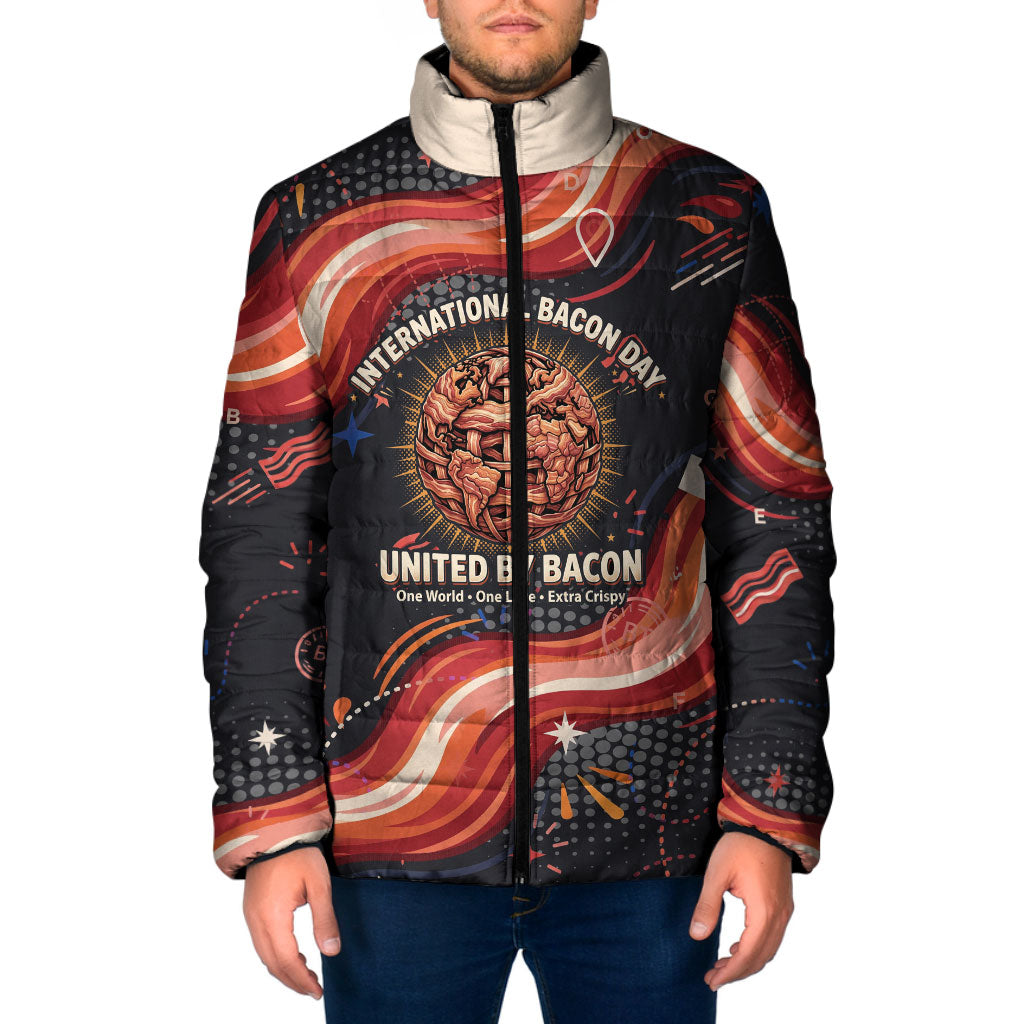 International Bacon Day United By Bacon Padded Jacket Retro Bacon Globe and Cool Bacon Mascot Graphic