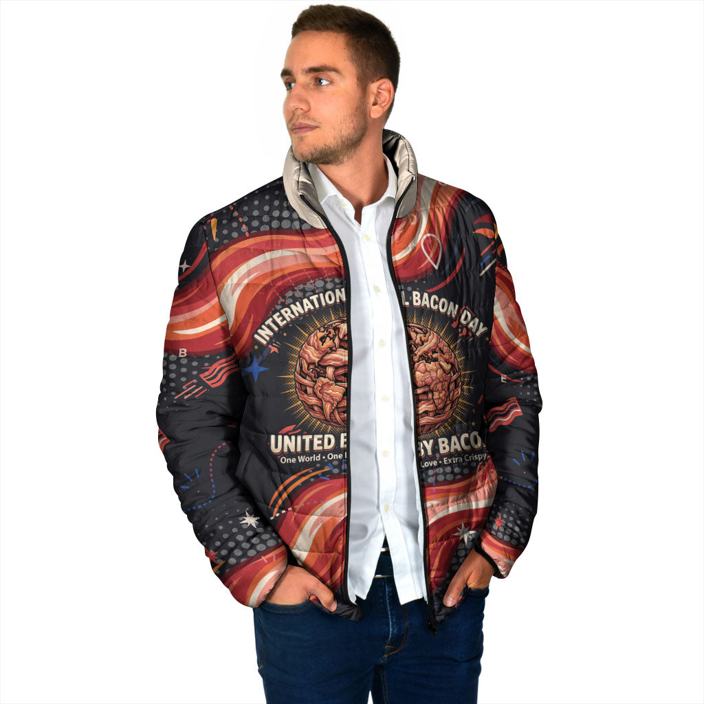 International Bacon Day United By Bacon Padded Jacket Retro Bacon Globe and Cool Bacon Mascot Graphic