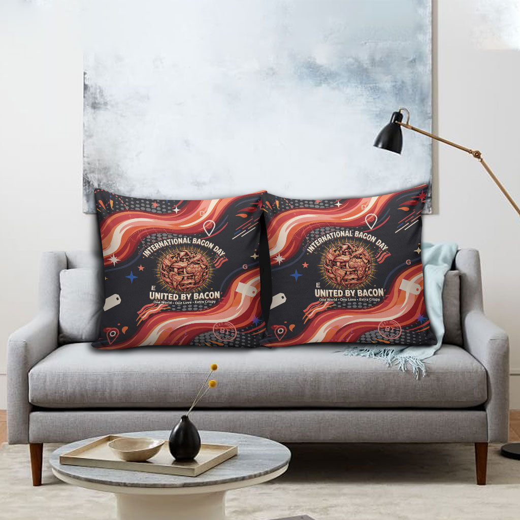 International Bacon Day United By Bacon Pillow Cover Retro Bacon Globe and Cool Bacon Mascot Graphic