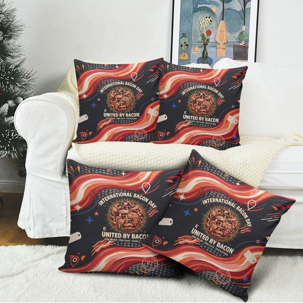 International Bacon Day United By Bacon Pillow Cover Retro Bacon Globe and Cool Bacon Mascot Graphic