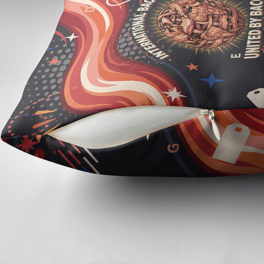 International Bacon Day United By Bacon Pillow Cover Retro Bacon Globe and Cool Bacon Mascot Graphic