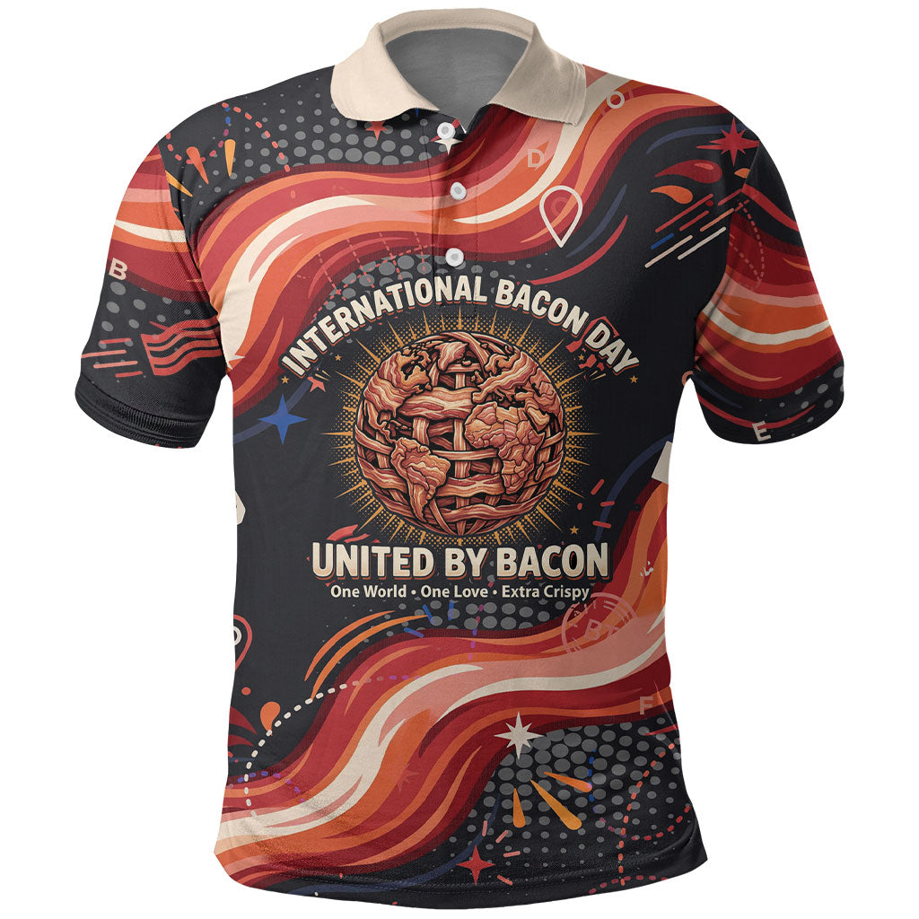 International Bacon Day United By Bacon Polo Shirt Retro Bacon Globe and Cool Bacon Mascot Graphic