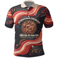International Bacon Day United By Bacon Polo Shirt Retro Bacon Globe and Cool Bacon Mascot Graphic