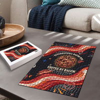 International Bacon Day United By Bacon Puzzle Retro Bacon Globe and Cool Bacon Mascot Graphic