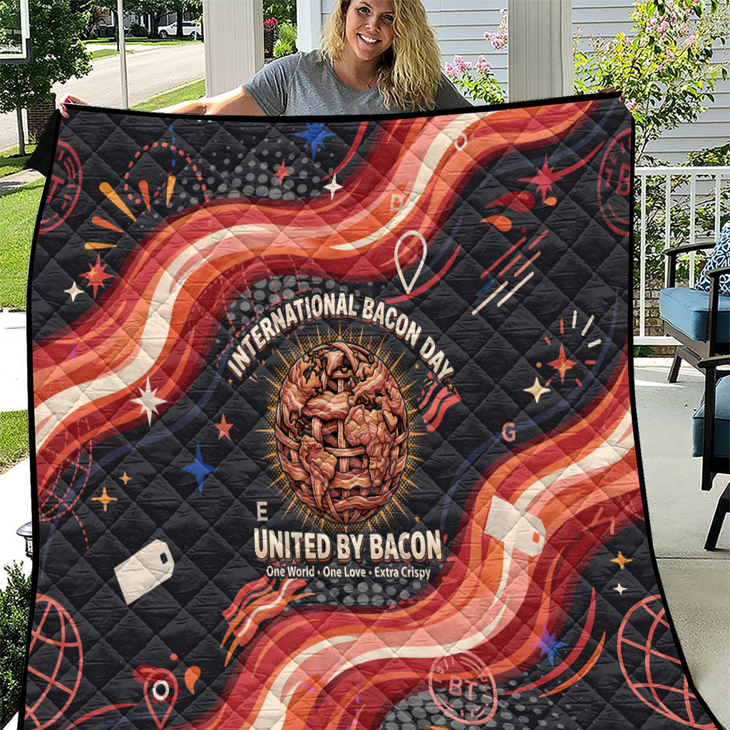 International Bacon Day United By Bacon Quilt Retro Bacon Globe and Cool Bacon Mascot Graphic